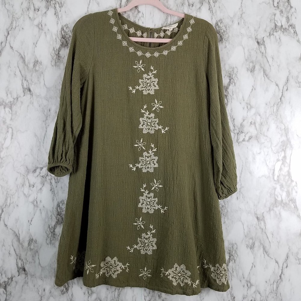 Entro Olive Green Dress with Cream Floral Embroidery
